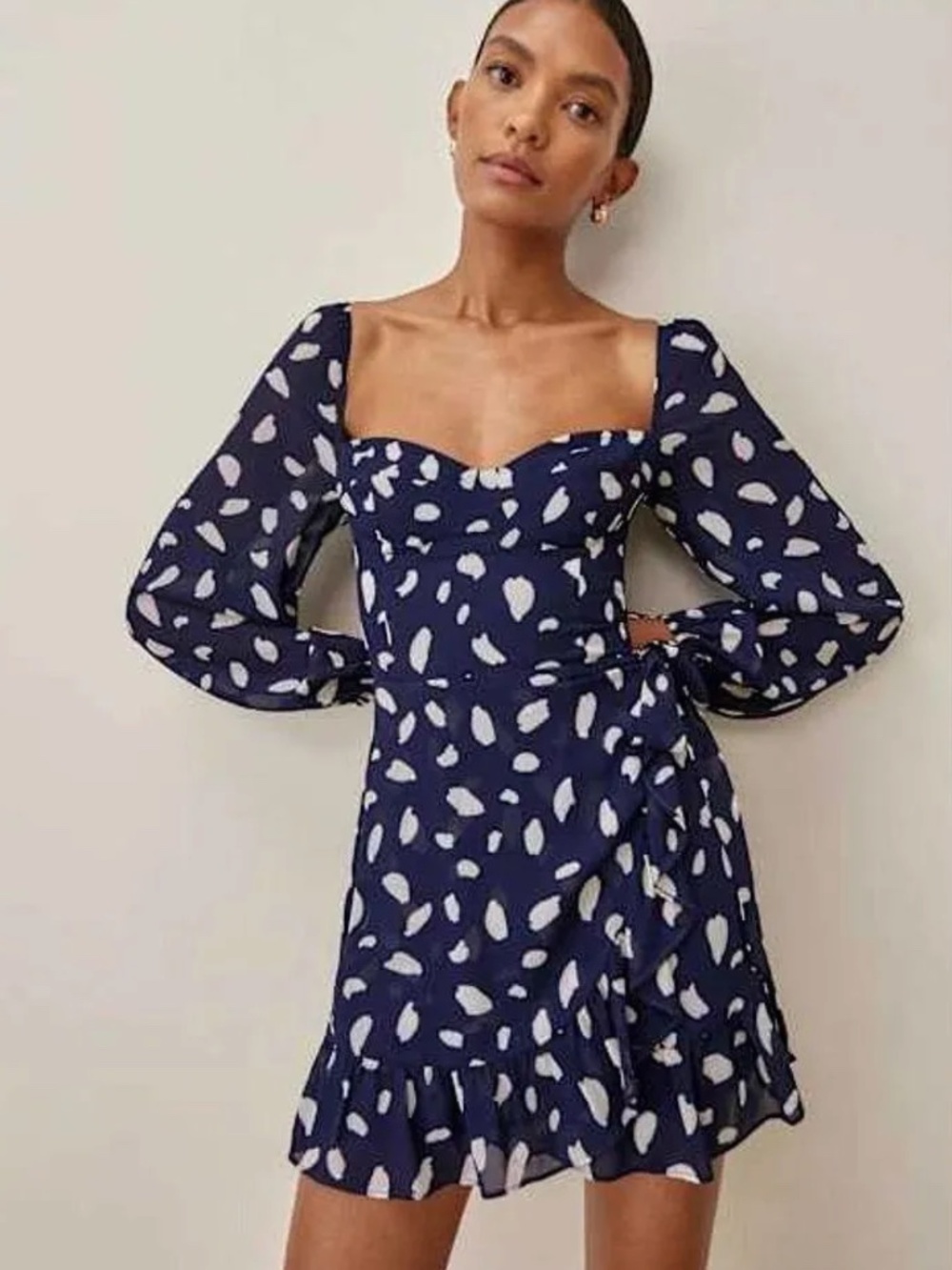 Reformation Cammi Mini Dress Sweetheart Smocked Wrap Ruffle in Brushstroke US 8